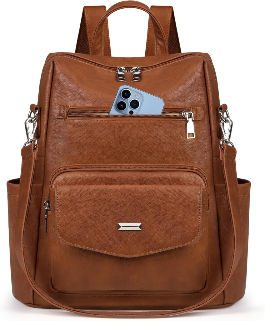 Brown PU Vegan Leather Convertible Backpack Purse